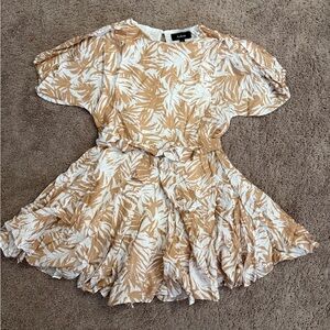 Aakaa Palm Tree Mini Dress Women size Small Medium Large Tan Flowy Short Sleeve